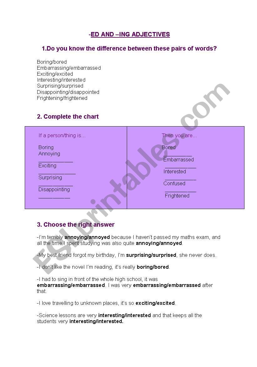 -ED and -ING adjectives worksheet