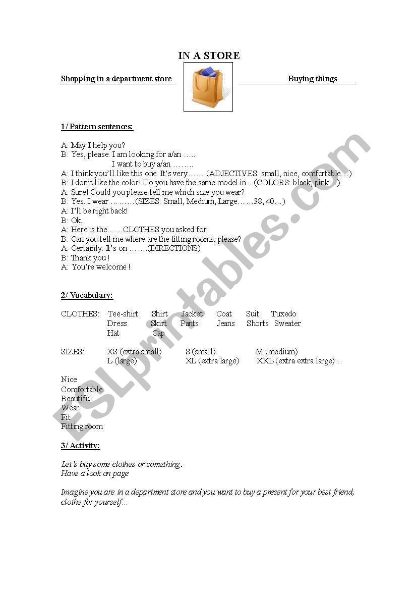 buying clothes worksheet