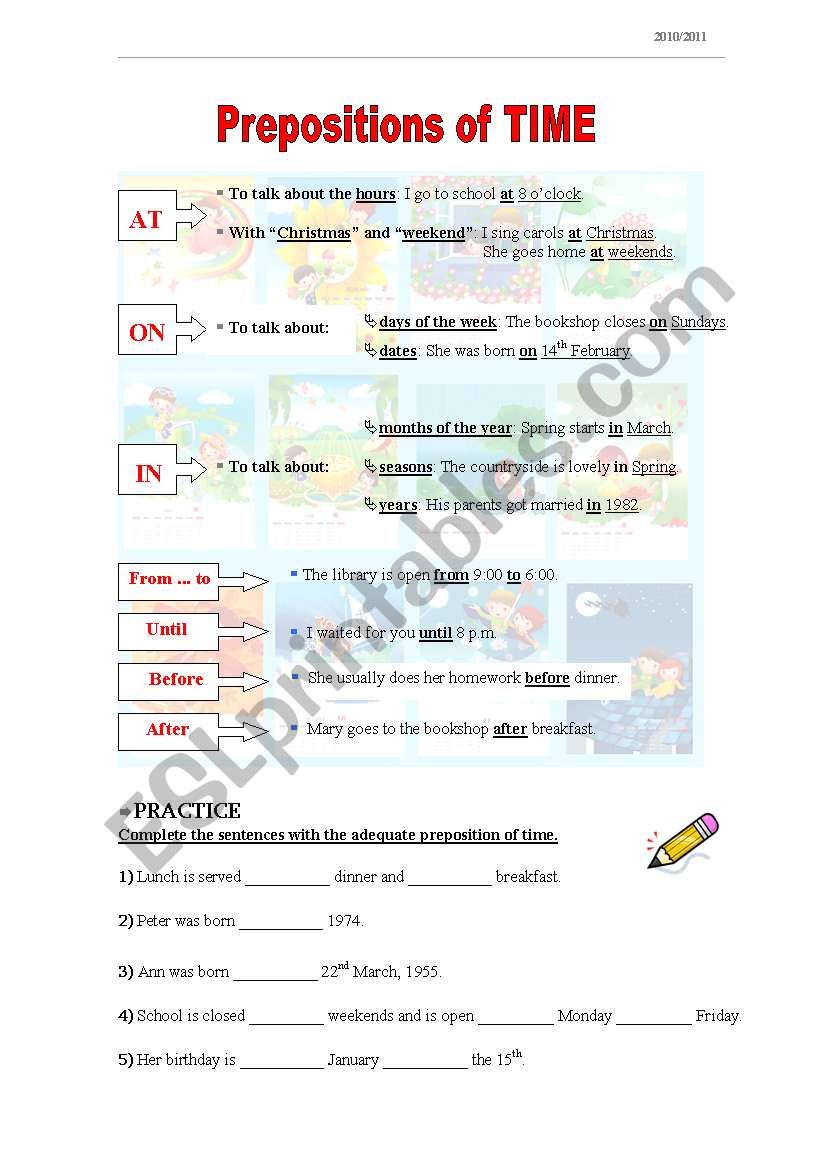 Prepositions of time worksheet