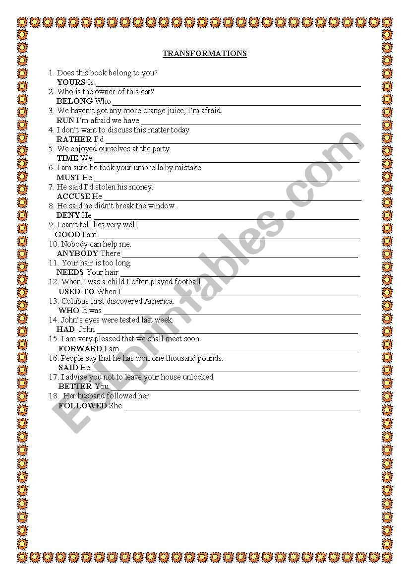 TRANSFORMATIONS  worksheet