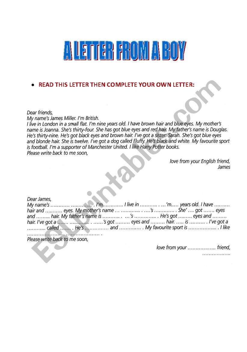 A LETTER FROM A BOY worksheet