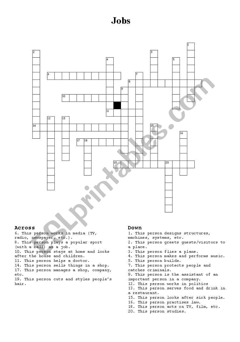 Jobs crossword worksheet