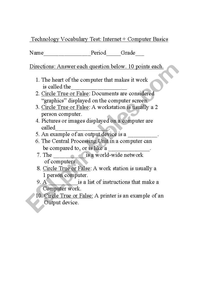 Technology Vocab. Test worksheet