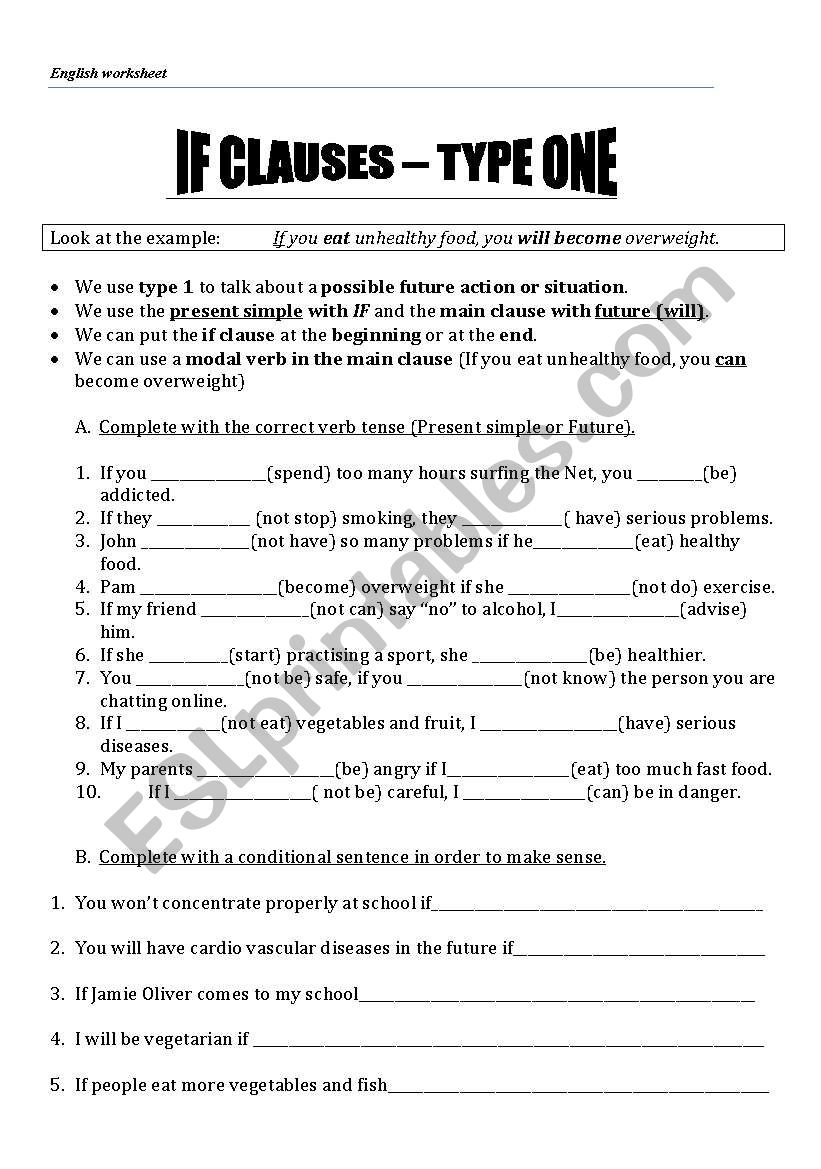 If-clauses / type one worksheet