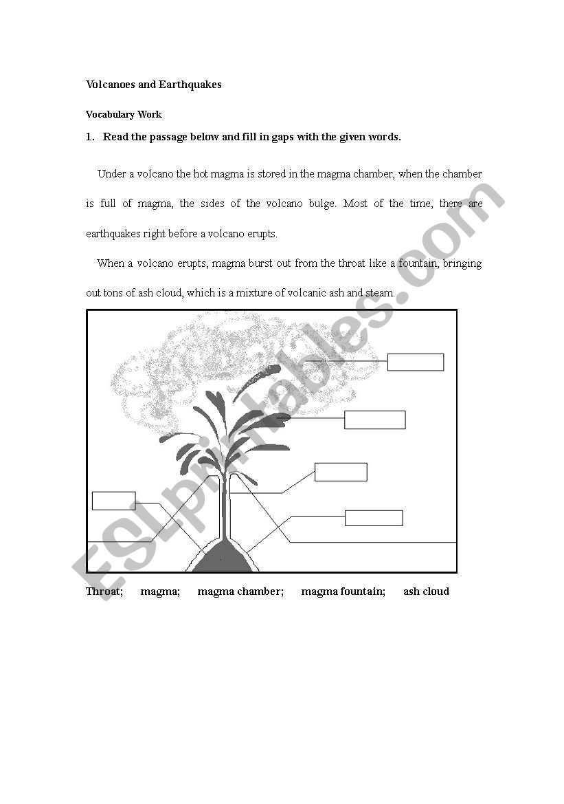 Volcanoes and Earthquakes worksheet