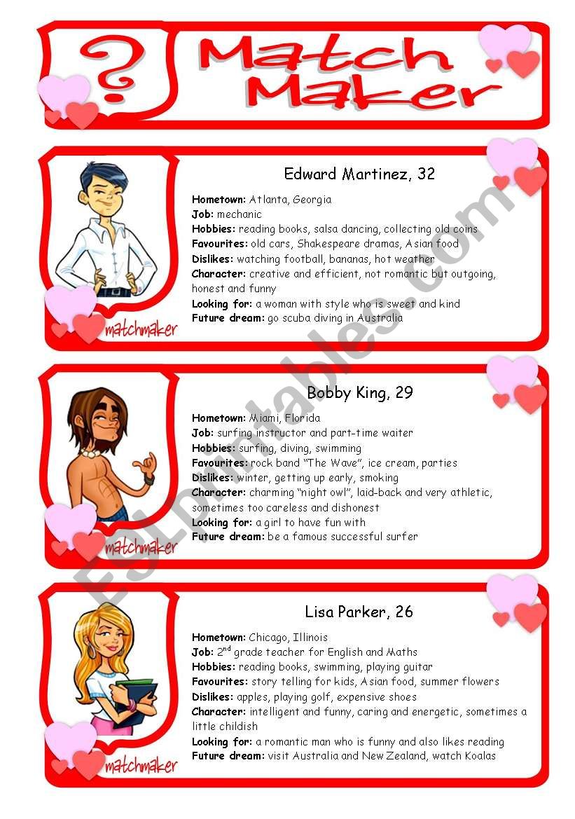 Match Maker - Find your true LOVE - ROLE PLAY - Class Activity - Speaking - Personal Information - Future and Dreams