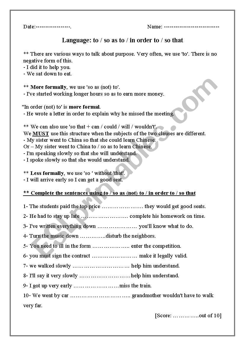 in order to / used to worksheet in order to / used to worksheet