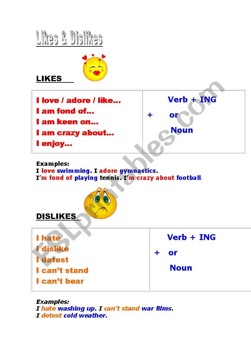 Like & dislikes + Gerund worksheet