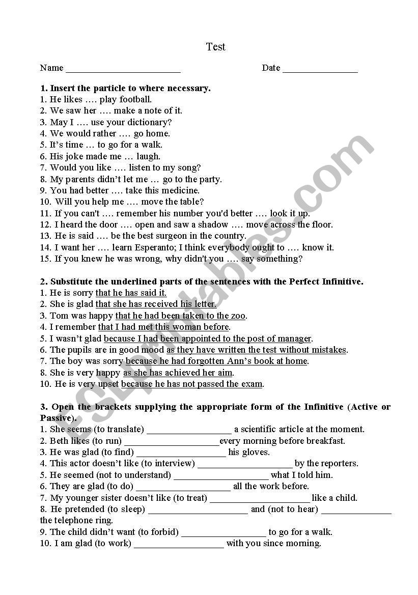 Test on the Infinitive worksheet