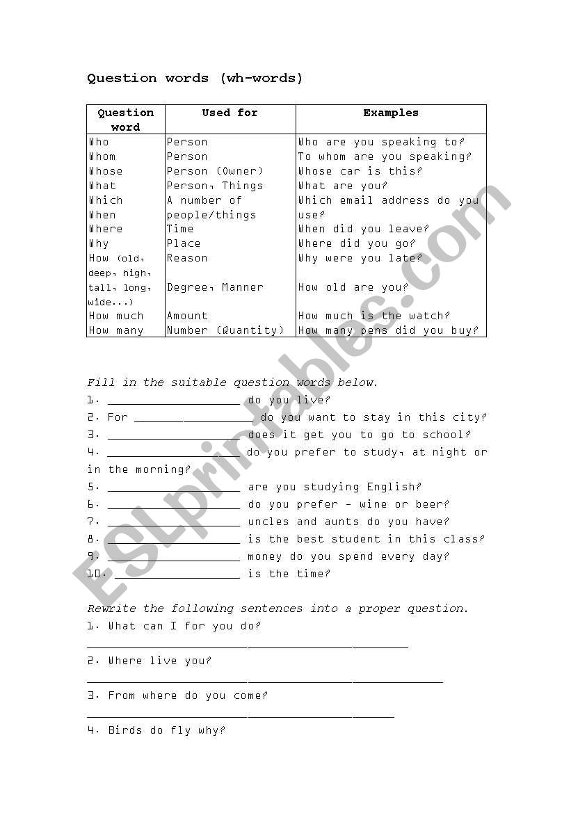 Question Words worksheet