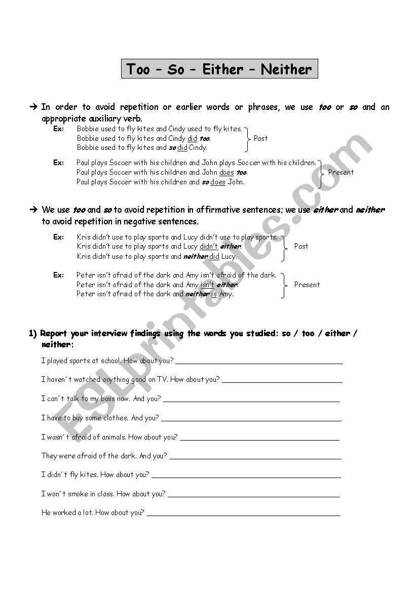 SO / TOO / EITHER / NEITHER worksheet