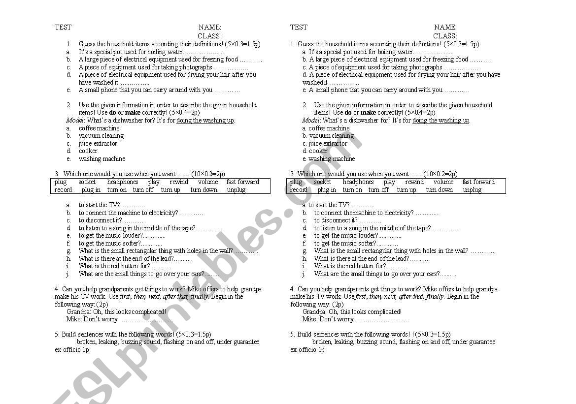 household items worksheet