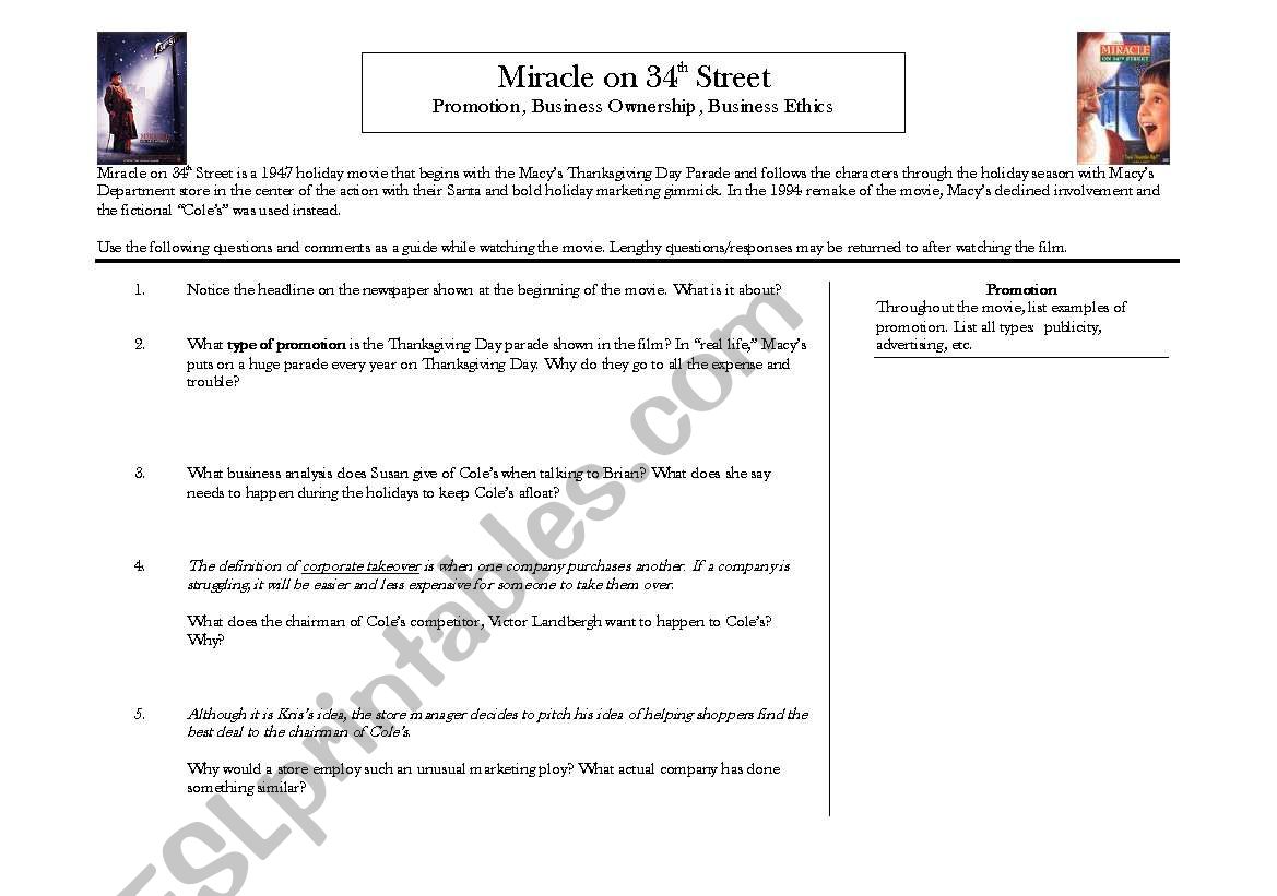 MIracle on 34th Street worksheet