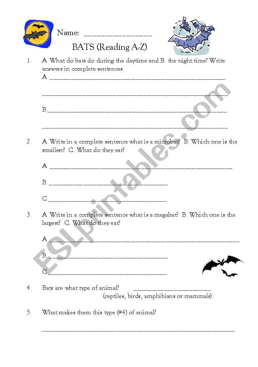 Bats (Reading A-Z book) worksheet