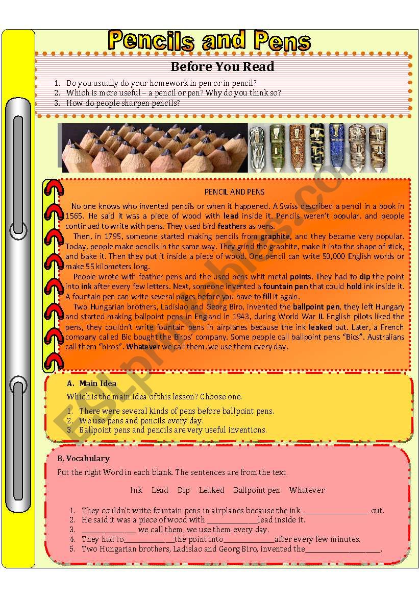 reading comprehesion-pencils and pens