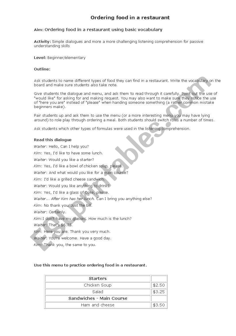 Ordering food in a restaurant worksheet