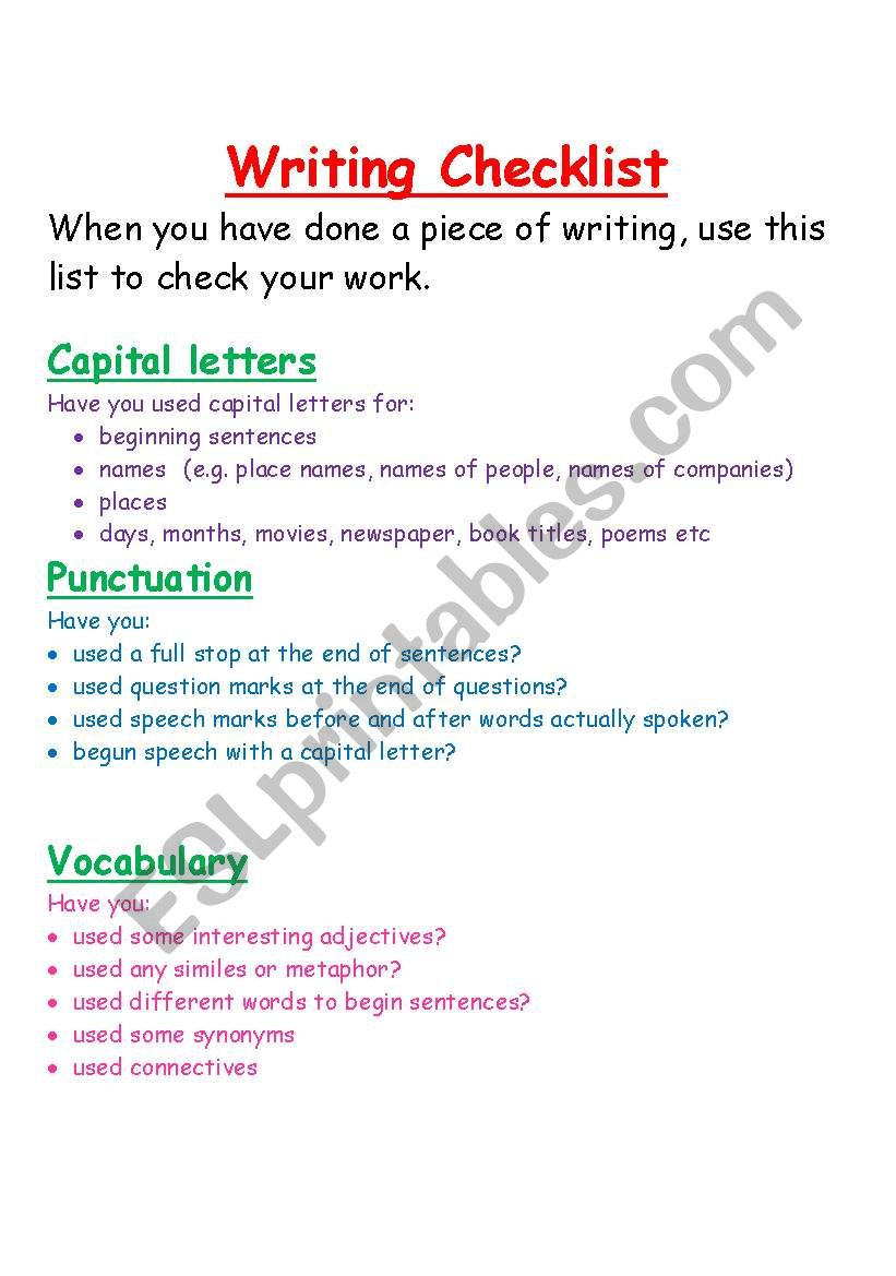 writing checklist worksheet