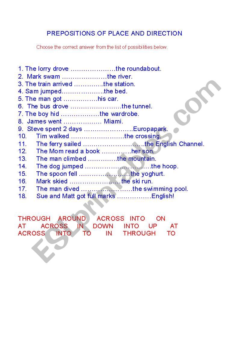 PREPOSITIONS OF PLACE AND DIRECTION