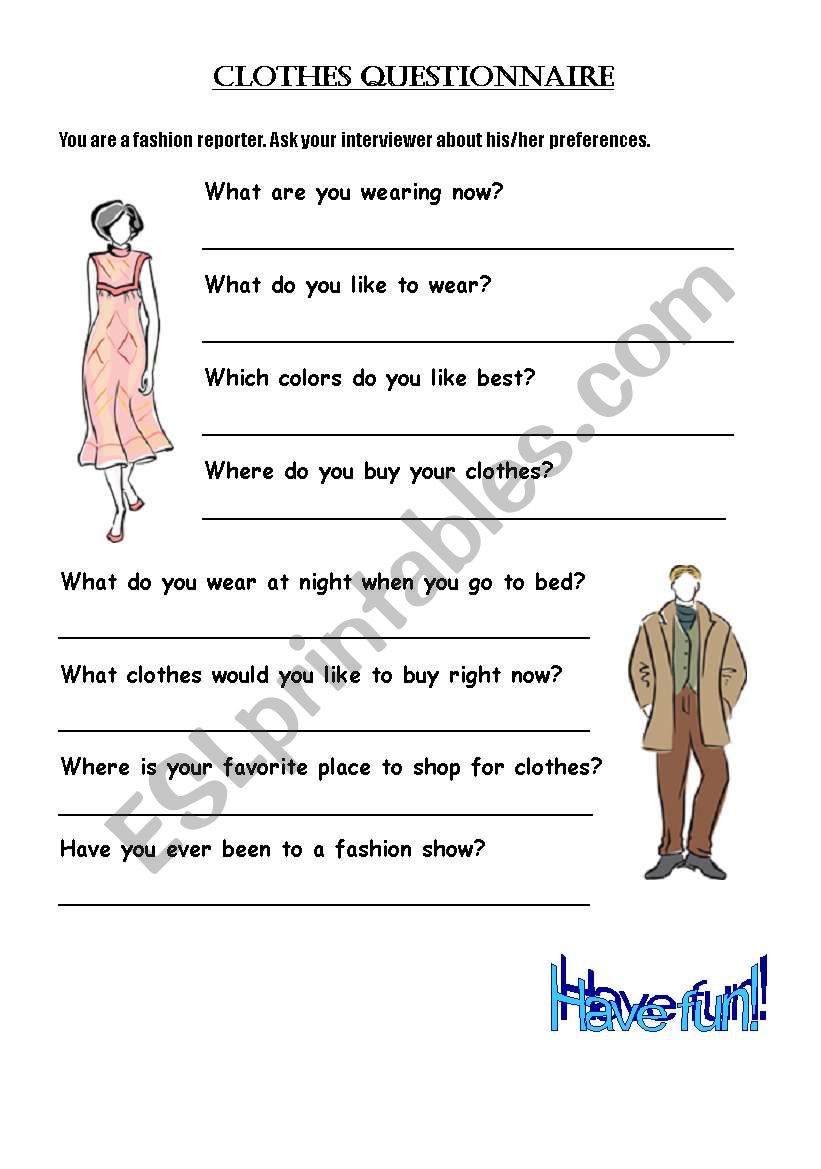 Clothes questionnaire worksheet