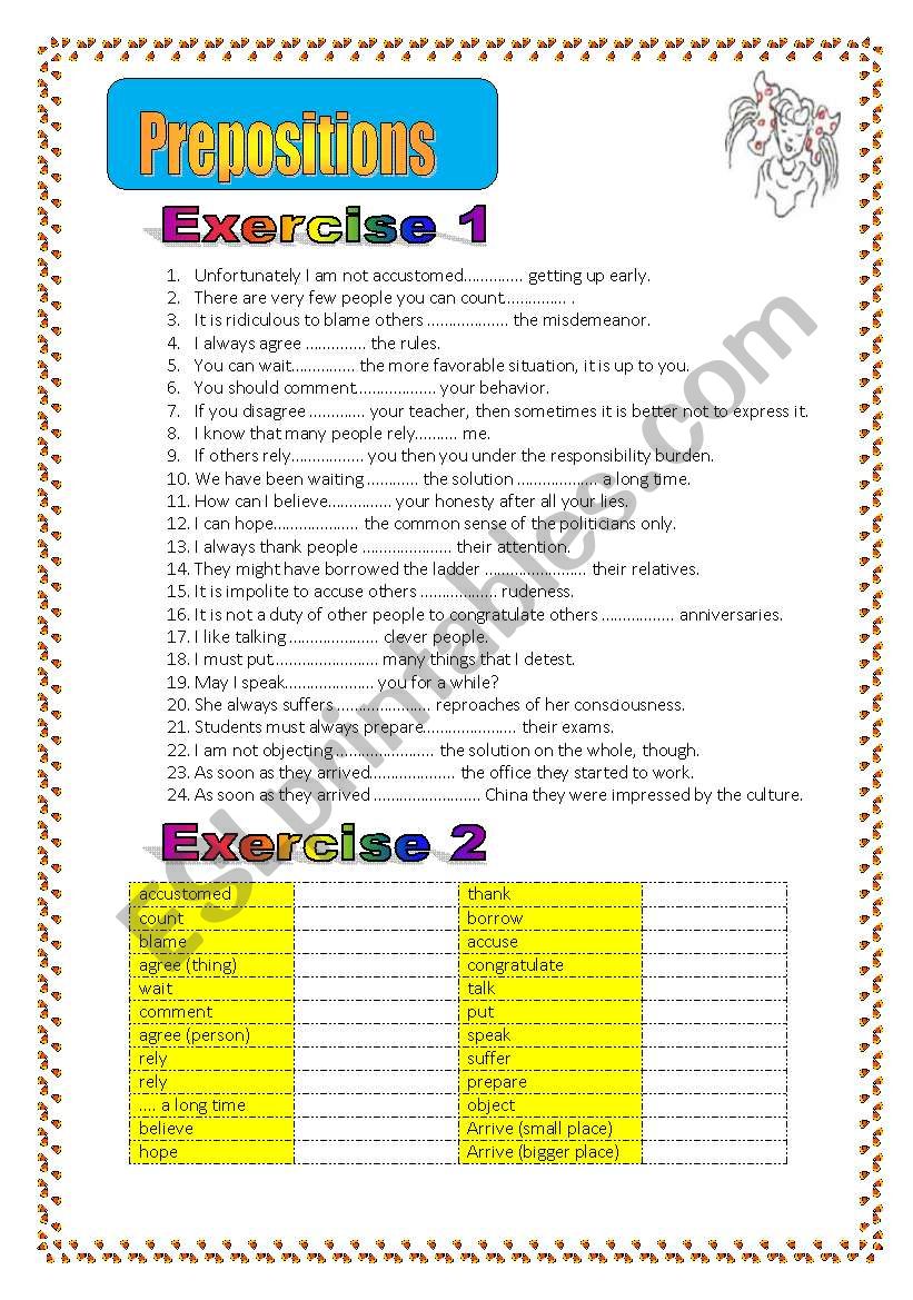 3 pages/4 exercises 52 Dependent prepositions with KEY