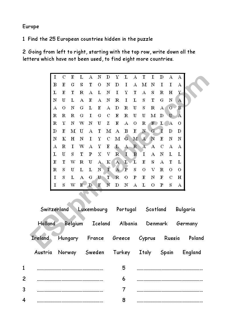 Europe worksheet