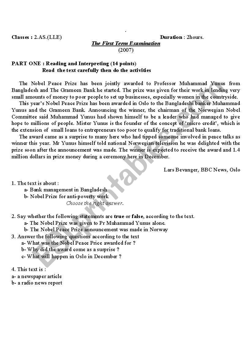 first year 1st term exam worksheet