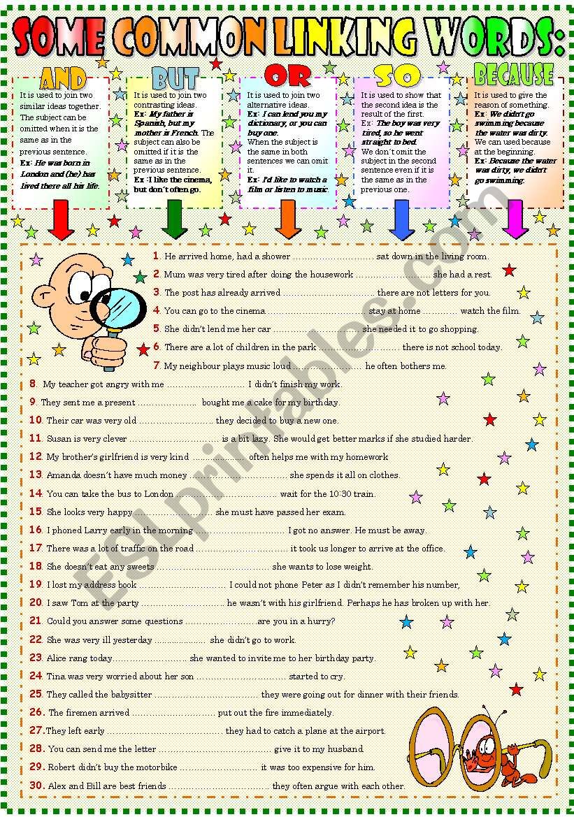 LINKING WORDS :AND - BUT - OR - SO - BECAUSE ( KEY INCLUDED)