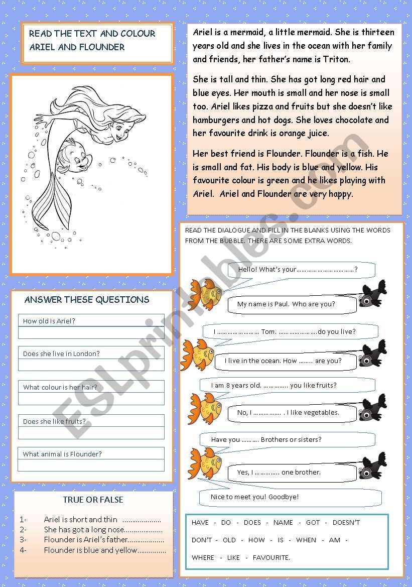 Ariel the little mermaid worksheet