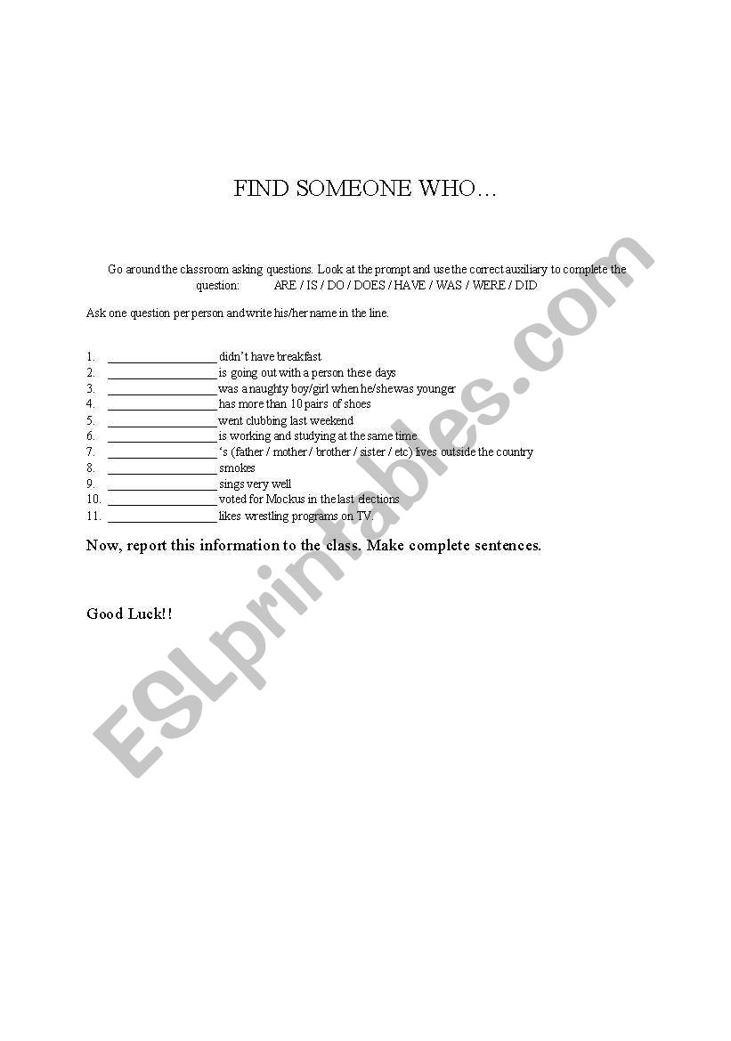 Find Someone Who Questions Forms