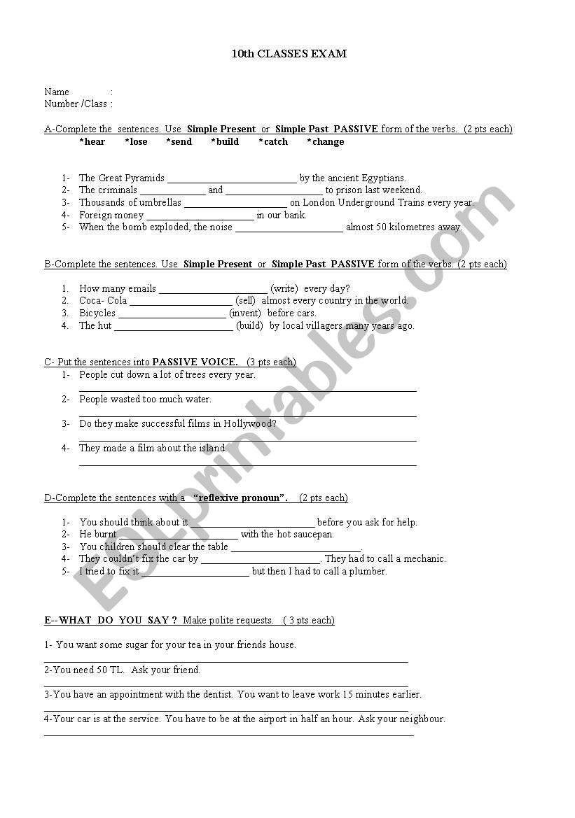 EXAM  for 10th grades worksheet