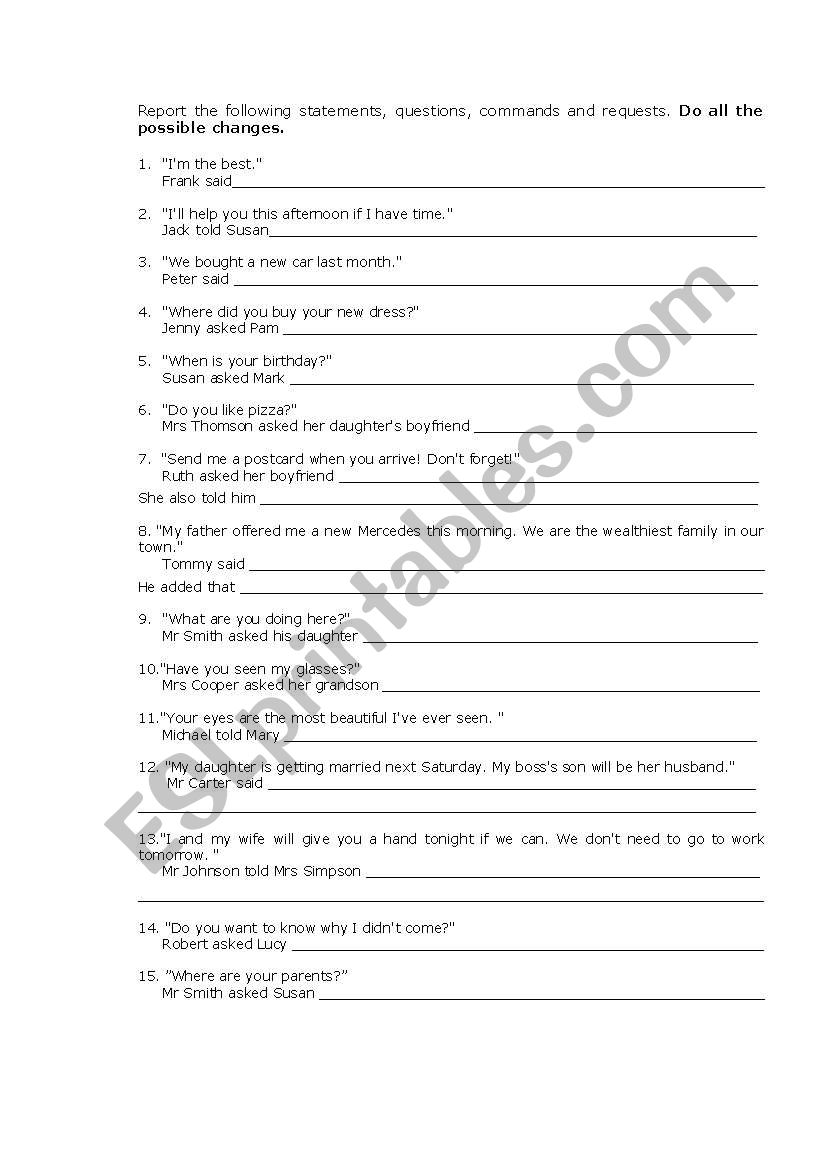 Reported speech worksheet