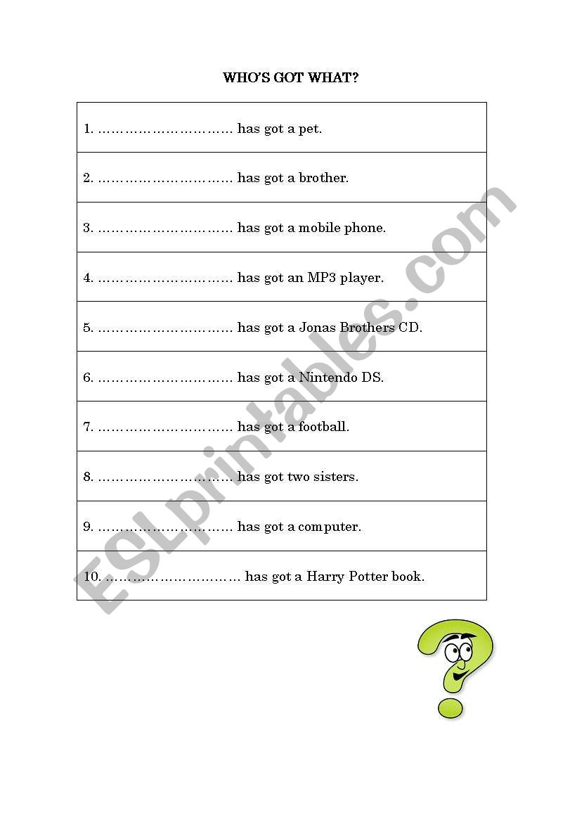 whos got what? worksheet