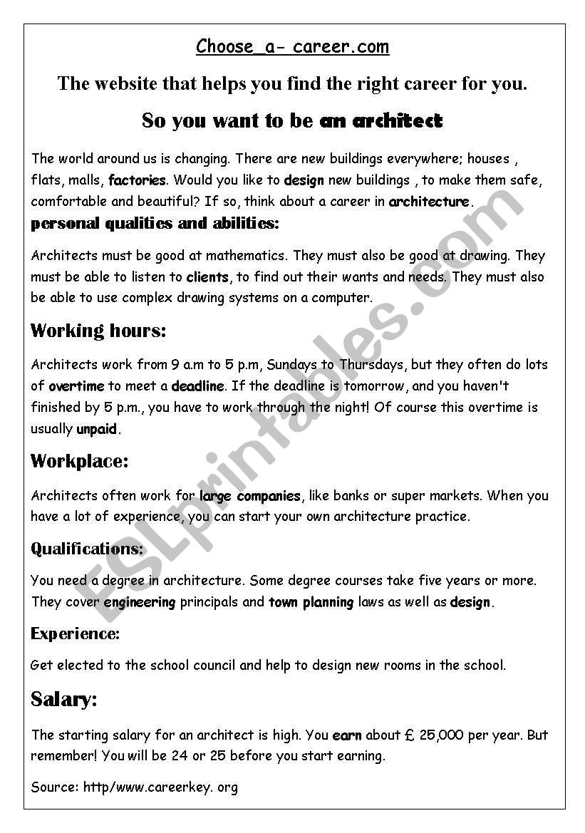 choose a career worksheet
