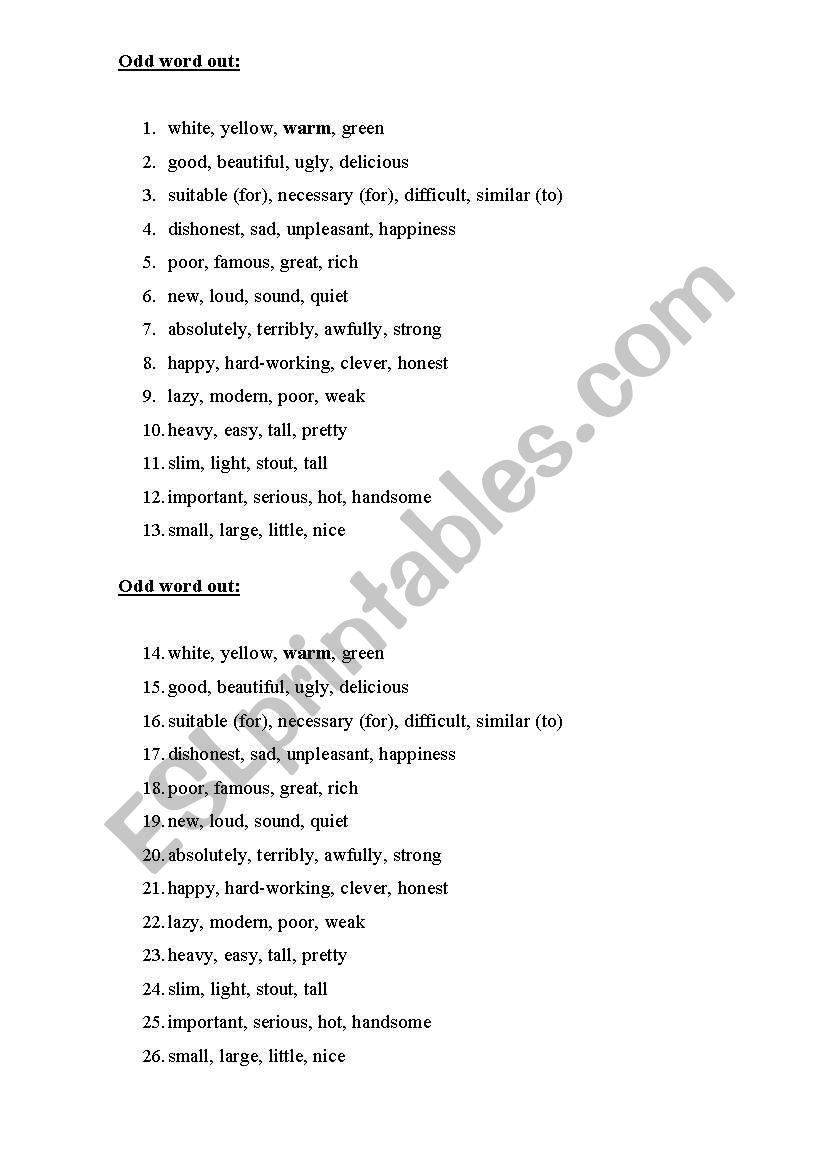 Odd word out worksheet