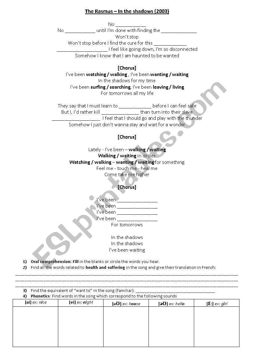 The Rasmus : In the shadows worksheet