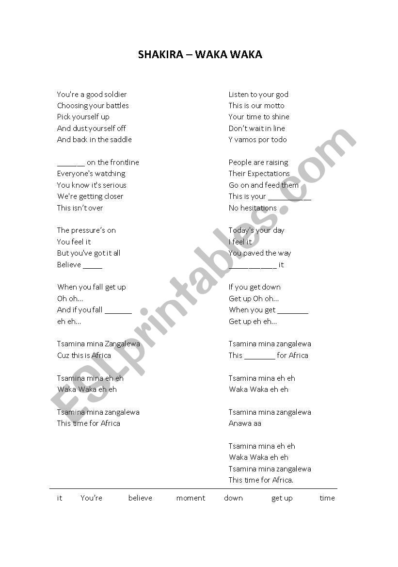 Lyrics Fill In The Gaps Shakira Waka Waka Esl Worksheet By Marta Gs