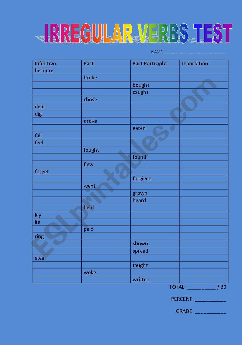 IRREGULAR VERBS test worksheet