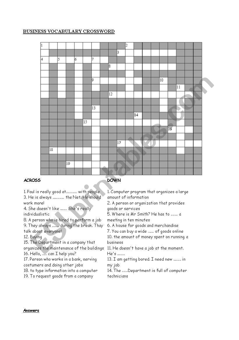 Business vocabulary crossword worksheet