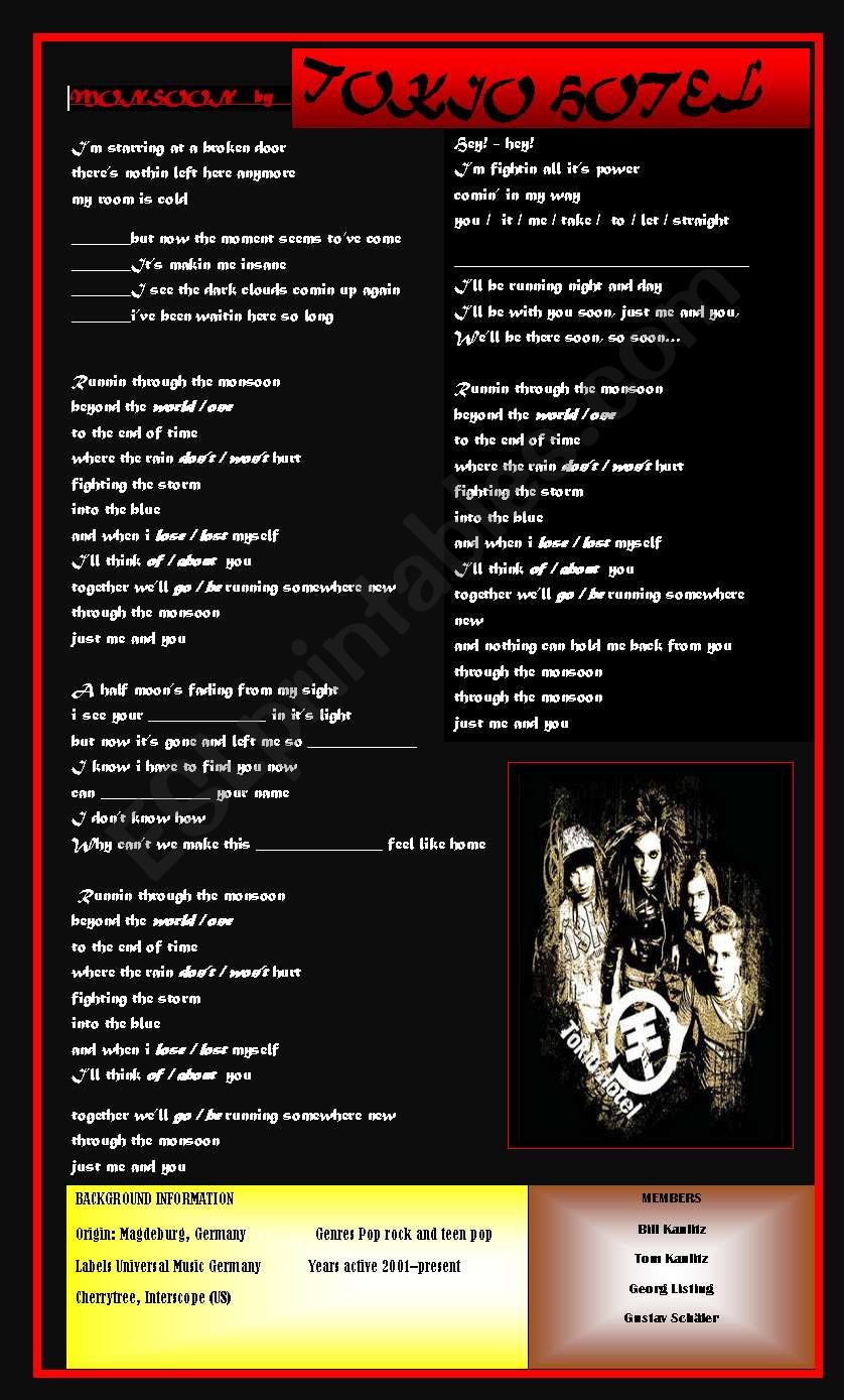 Monsoon by Tokio Hotel worksheet