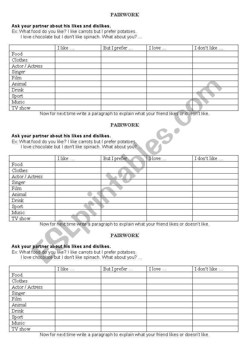 Pairwork likes and dislikes worksheet