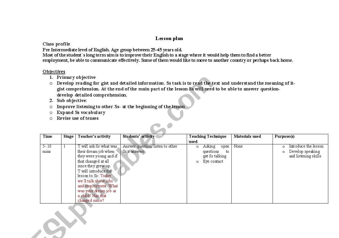 Reading- lesson plan  worksheet