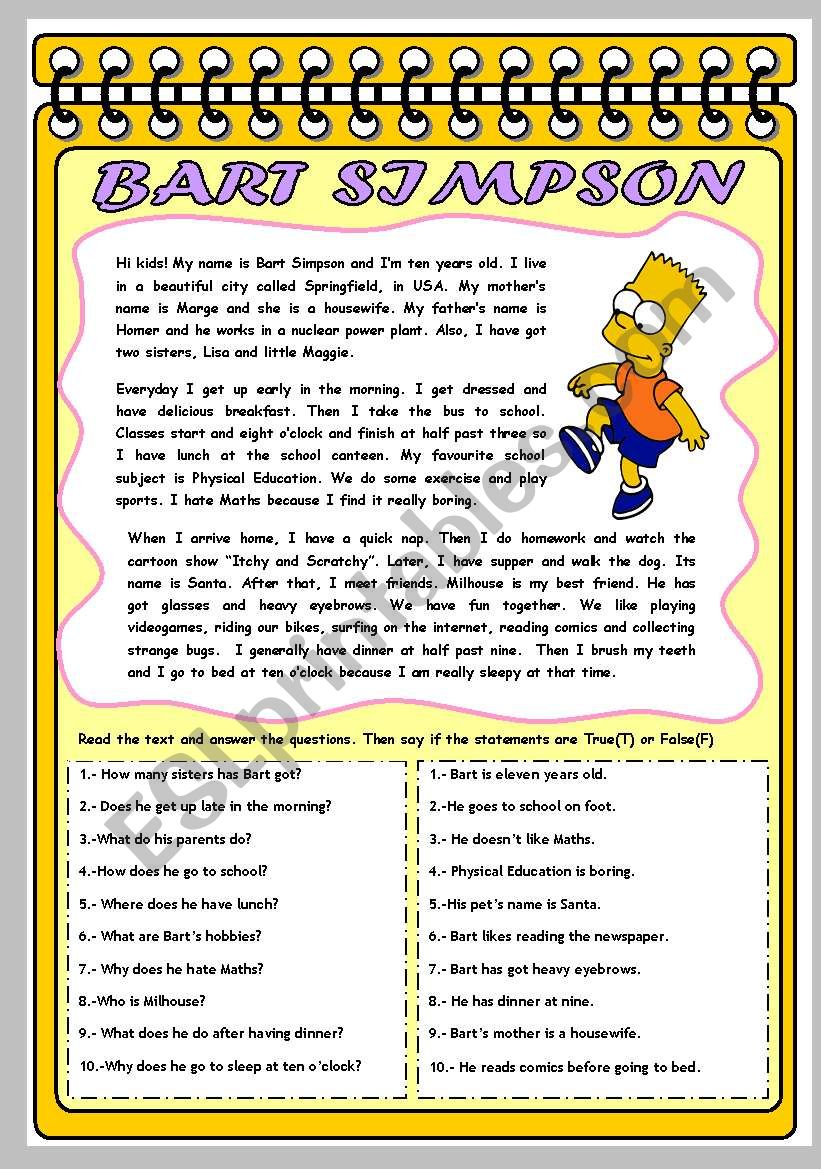 BART SIMPSONS DAILY ROUTINES worksheet