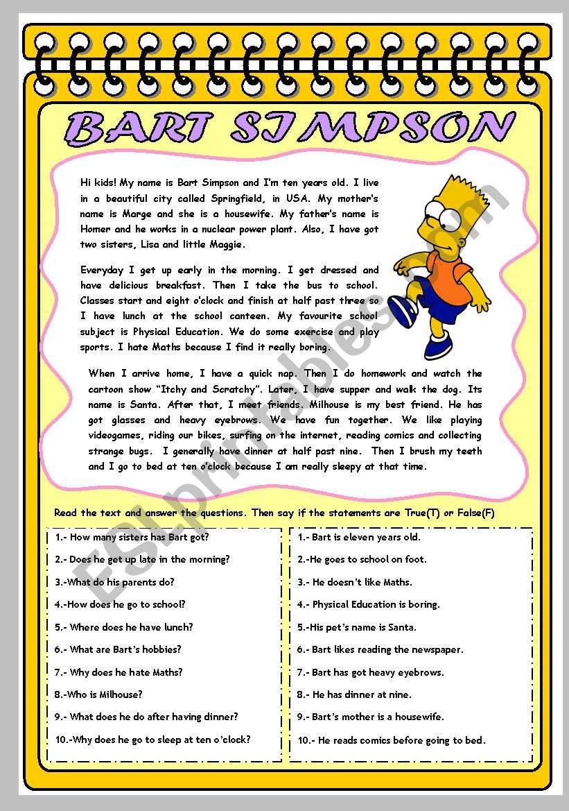 BART SIMPSONS DAILY ROUTINES worksheet