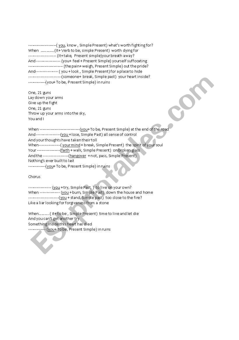 Song: 21 guns- Green Day worksheet