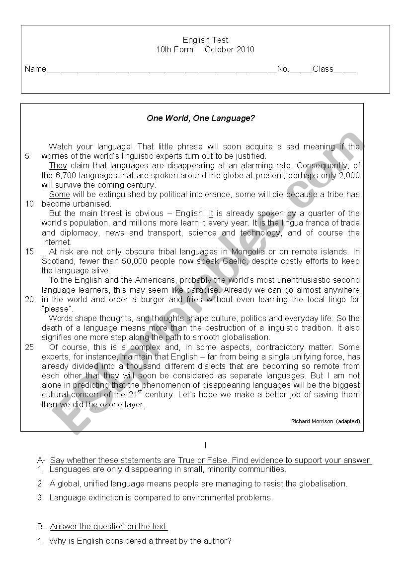 One world, one language worksheet