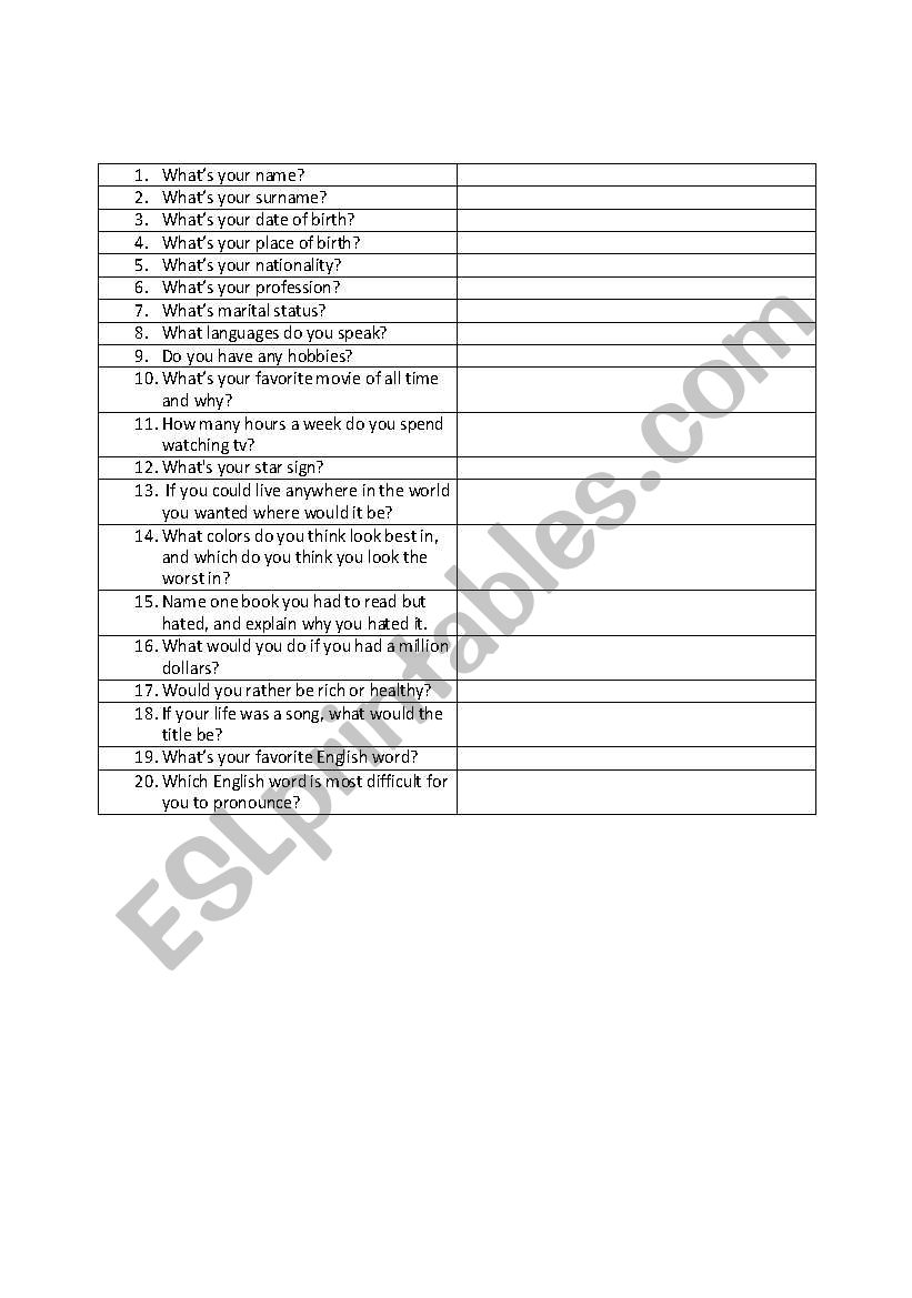 questionnaire worksheet