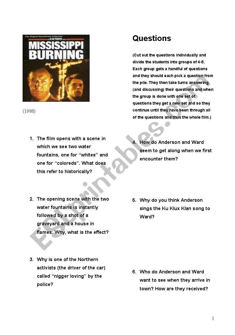 Discussion cards for Mississippi Burning