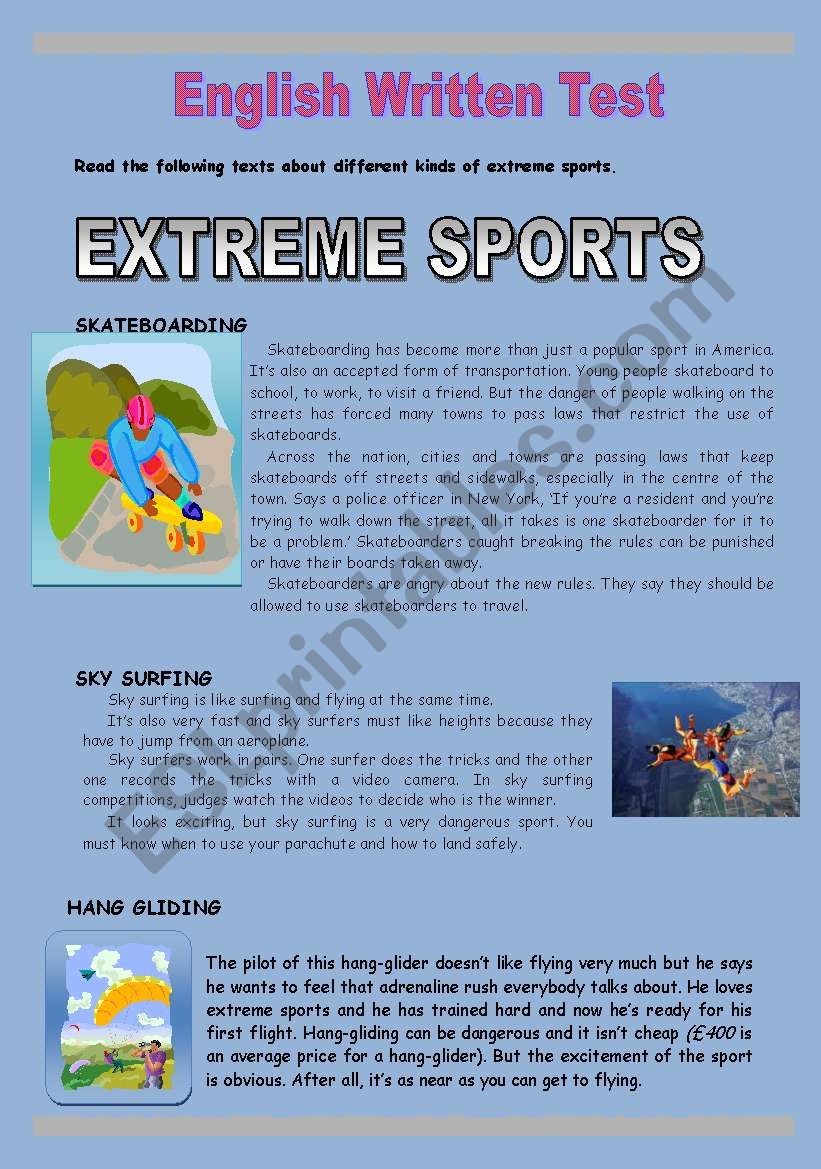 Extreme sports worksheet