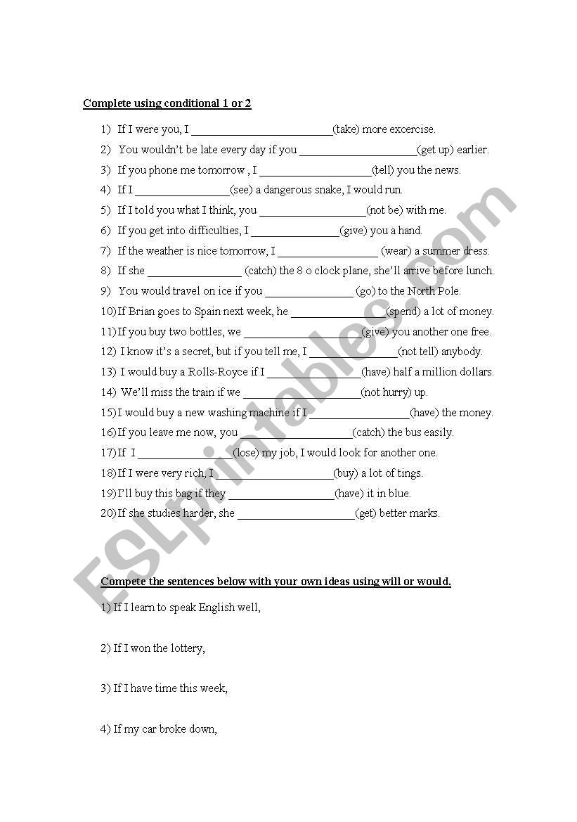 Test on Conditionals 1 and 2 worksheet