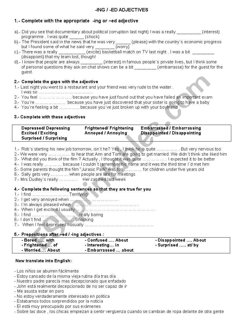 ing/ed adjectives worksheet